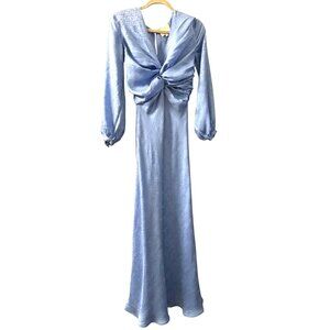 Rebecca De Ravenel Blue Long-Sleeve Jacquard Maxi Dress With Twist Knot Detail S